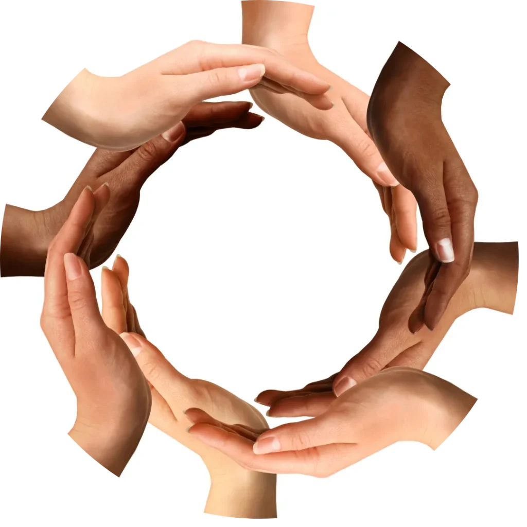  group of multi-colored hands making a circle on a white background